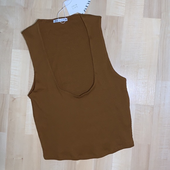 ZARA Ribbed Deep Scoop neck stretch cotton tank top - Picture 2 of 5